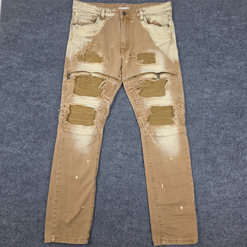 Smoke Rise Jeans Men's 38x32 Distressed Moto Biker Brown Med Wash Ribbed Panels